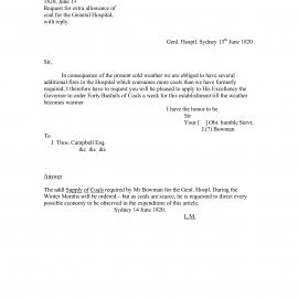 Request for extra allowance of coal for the General Hospital; with reply. 13 June 1820.