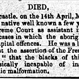 The Sydney Morning Herald, 1st May 1846, relating to death of M'Gill (Biraban)