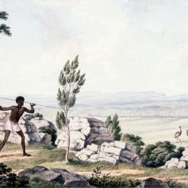 [Two Aborigines hunting emus by Joseph Lycett, 1817]