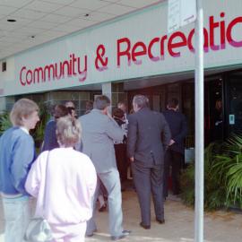 Crowd gathering for Vice-Regal visit at the Community and Recreation Centre, Kurri Kurri, NSW. 17 July 1989. 