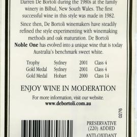 Nobel One back label for a bottle of Botrytis Semillon (1999)