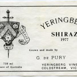 Yeringberg label for a bottle of Shiraz (1977)