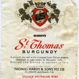 Hardy's wine label for a bottle of St. Thomas Burgundy [n.d.]