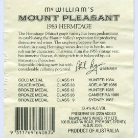 McWilliam's Mount Pleasant Label back (1983)