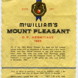 McWilliam's Mount Pleasant Label (1965)