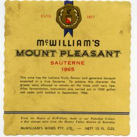 McWilliam's Mount Pleasant Label (1965)