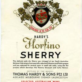 Hardy's wine label for a bottle of Flor Fino Sherry [n.d.]