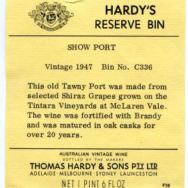 Hardy's wine label for a bottle of Show Port (Tawny Port) (1967)