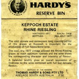 Hardy's wine label for a bottle of Keppoch Estate Rhine Riesling (1977)