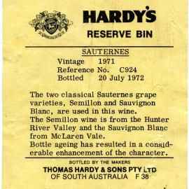Hardy's wine label for a bottle of Sauternes (1972)