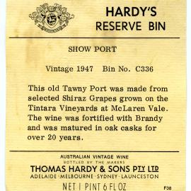 Hardy's wine label for a bottle of Show Port (Tawny Port) (1967)