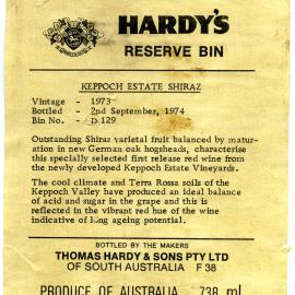 Hardy's wine label for a bottle of Keppoch Estate Shiraz (1974)