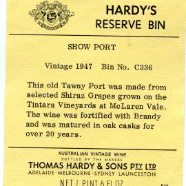 Hardy's wine label for a bottle of Show Port (Tawny Port) (1967)