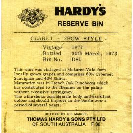 Hardy's wine label for a bottle of Show Style Claret (1973)