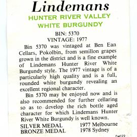 Lindemans Hunter River Valley White Burgundy label (1977)