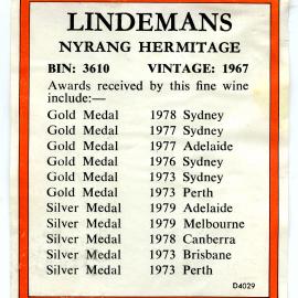 Lindemans Nyrang Hermitage label (1967)
