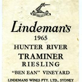 Lindeman's Hunter River Traminer Riesling label (1965)
