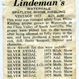 Lindeman's Waterval Spatlese Rhine Riesling label (1973)