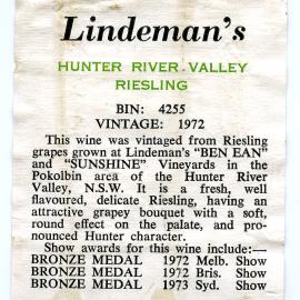 Lindeman's Hunter River Valley Riesling Label (1972)