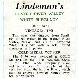 Lindeman's Hunter River Valley White Burgundy label (1968)
