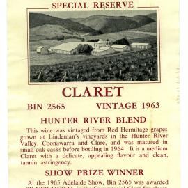 Lindeman's special reserve Claret label (1963)