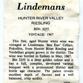 Lindemans Hunter River Valley Riesling Label (1967)