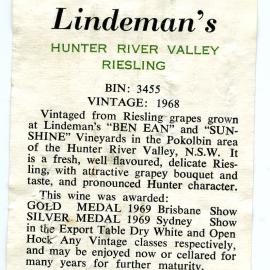 Lindeman's Hunter River Valley Riesling Label (1968)