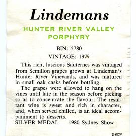 Lindemans Hunter River Valley Porphyry Label (1977)