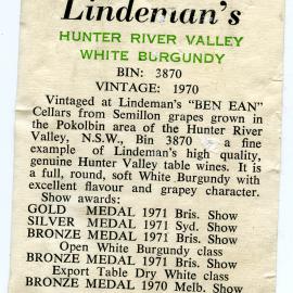 Lindeman's Hunter River Valley White Burgundy Label (1970)