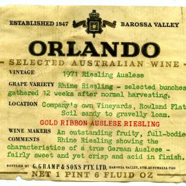 Orlando Selected Australian Wine Riesling Auslese Label (1971)