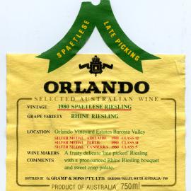 Orlando selected Australian wine Spaetlese Riesling Label (1980)