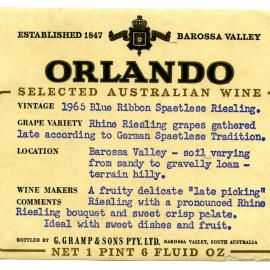 Orlando Blue Ribbon Spaetlese Riesling Label (1965)