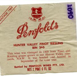 Penfolds Hunter Valley Pinot Riesling Label (1969)