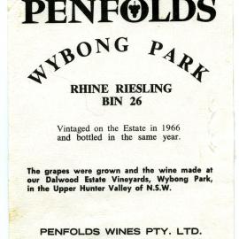 Penfolds Wybong Park Rhine Riesling Label (1966)
