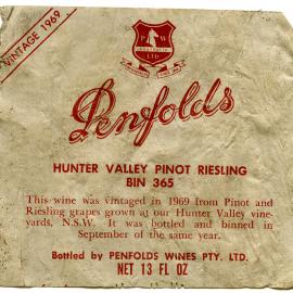 Penfolds Hunter Valley Pinot Riesling Label (1969)