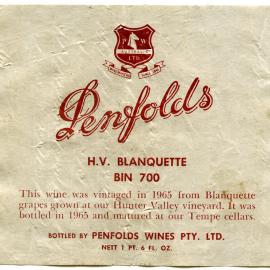 Penfolds H.V. Blanquette Label (1965)