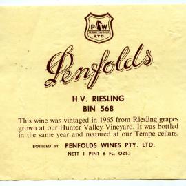 Penfolds H.V. Riesling Label (1965)