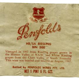 Penfolds HR/SA Riesling Label (1967)