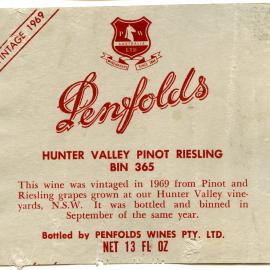 Penfolds Hunter Valley Pinot Riesling Label (1969)
