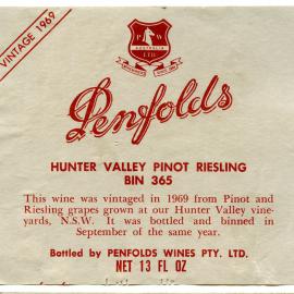 Penfolds Hunter Valley Pinot Riesling Label (1969)