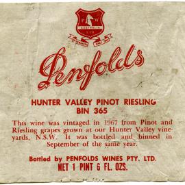 Penfolds Hunter Valley Pinot Riesling Label (1967)