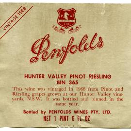 Penfolds Hunter Valley Pinot Riesling Label (1968)