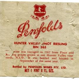 Penfolds Hunter Valley Pinot Riesling Label (1967)