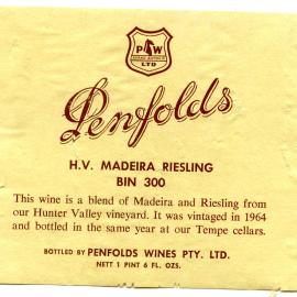 Penfolds H.V. Madeira Riesling Label (1964)