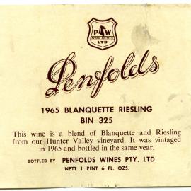 Penfolds Blanquette Riesling Label (1965)