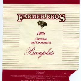 Farmer Bros Clarendon and Coonawarra Beauyiolais Label (1986)