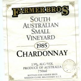 Farmer Bros South Australian Small Vineyard Chadonnay Label (1985)