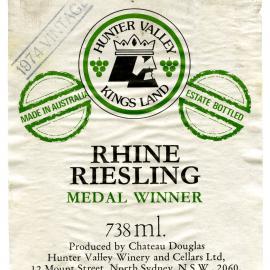 Hunter Valley Kings Land Rhine Riesling Label (1974)