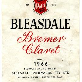Potts Bleasdale Bremer Claret Label (1966)