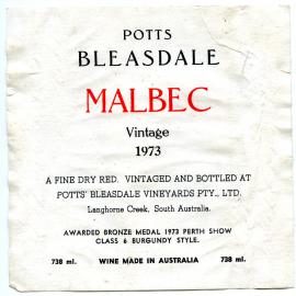 Potts Bleasdale Malbec Label (1973)
